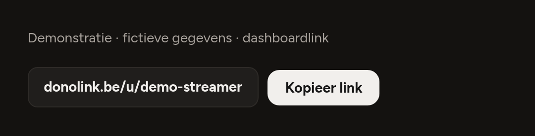 Veld met de persoonlijke donatielink en de knop ‘Kopieer link’ in DonoLink.